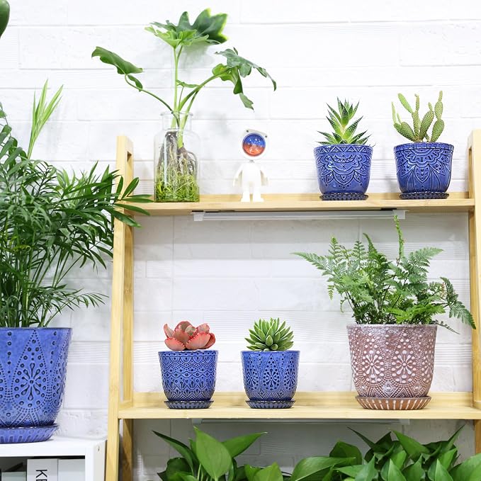 Gepege Ceramic Succulent Pots, 4 Inch Small Plant Pots with Drainage | Ceramic succulent pots with drainage holes, ceramic saucers and mesh pads, set of 4, ideal for cactus and succulents