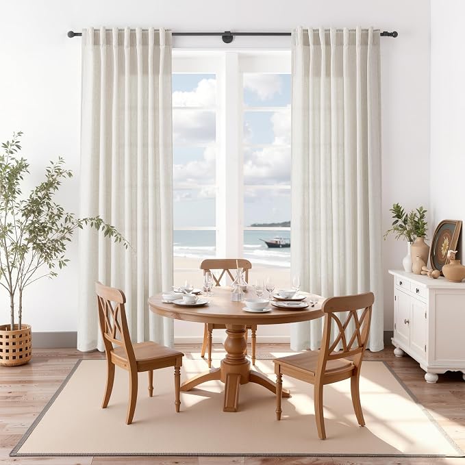 Pearl White Linen Curtains 102 Inches Long for Living Room Light Filtering Semi Sheer Curtain Back Tab Coastal Decor Floor to Ceiling Modern Drapes for Bedroom Office 52x102, 2 Panels