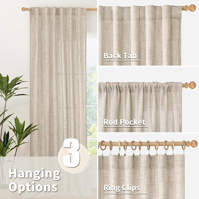 YoungsTex Linen Semi Sheer Curtains 45 Inch Length 2 Panels Set | Light Filtering Short Drapes with Rod Pocket Back Tab Natural Textured for Bathroom Living Room Window, 42 X 45 Inch