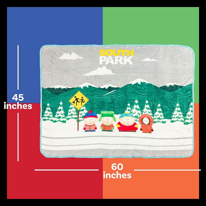 Silver Buffalo South Park Bus Stop Kyle Stan, Fleece Throw Blanket, 45x60in | Eric Cartman and Kenny, Soft and Cozy, 180 GSM