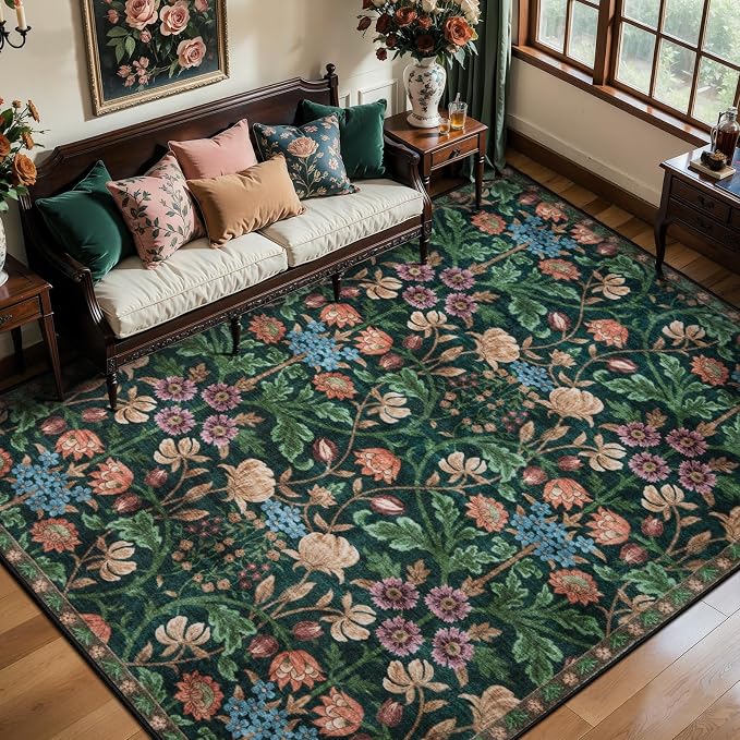 Ciicool 6x9 Washable Area Rugs for Living Room，Non-Slip Large Floral Rug | Boho Carpet for Bedroom Dining Room Farmhouse Nursery Home Office Playroom、Low Pile Carpets