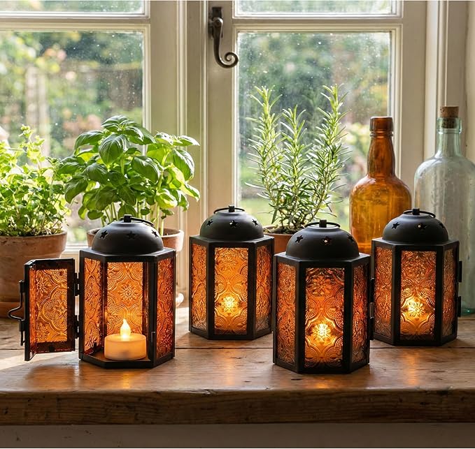 Mini Halloween Tea Light Candle Holder Centerpieces – 4.25" Small Decorative Moroccan Lantern for Table or Hanging, Metal with Glass Panels – Ramadan, Wedding, Home Decor, Amber Orange (Set of 4)