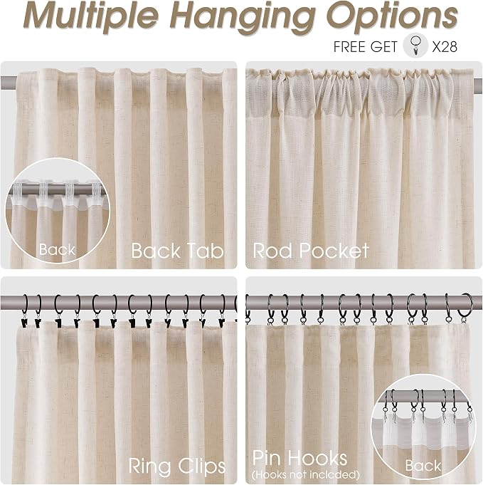 Linen Curtains 96 Inches Long for Living Room Back Tab Semi Sheer Floor to Ceiling 8ft Light Filtering Curtain Boho Farmhouse Decor Window Drapes for Bedroom 52x96 2 Panels Linen
