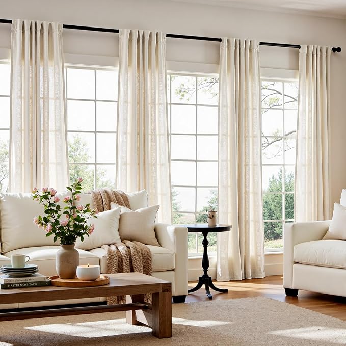 jinchan Linen Curtains Light Filtering Back Tab 50x120 Inch 2 Panels Beige | Semi Sheer Curtains 120 inch length for Bedroom Living Room, Modern Farmhouse Drapes with Rod Pocket, Natural Boho Curtains