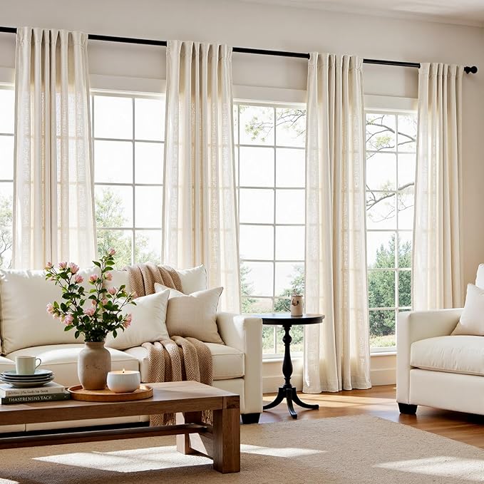 jinchan Linen Curtains Light Filtering Back Tab 50x108 Inch 2 Panels Beige | Semi Sheer Curtains 108 inch length for Bedroom Living Room, Modern Farmhouse Drapes with Rod Pocket, Natural Boho Curtains