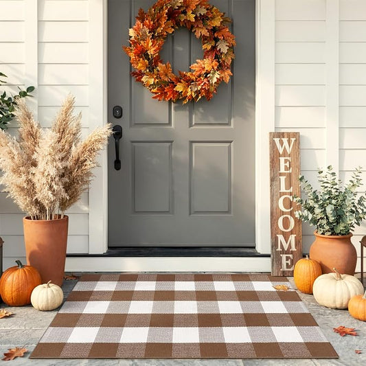 LEEVAN Buffalo Plaid Outdoor Rug, Washable Checkered Front Porch Rug | 27.5x43 Inch Brown and White Earthy Tones Cotton Woven Farmhouse Fall Decor Layered Door Mats for Entryway/Kitchen/Bedroom