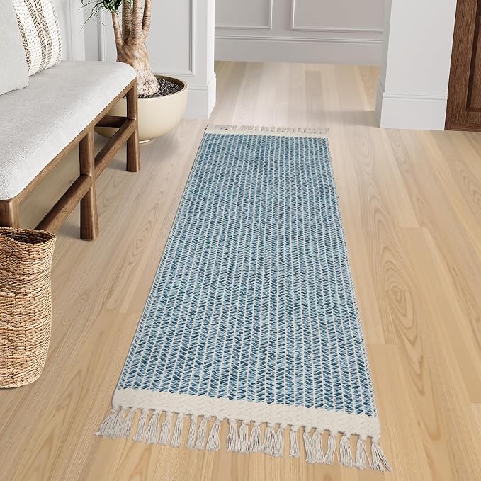 Lahome Boho Bathroom Runner Rug, 2x6 Washable Rugs for Kitchen Hallway | Woven Cotton Laundry Room Throw Carpet with Tassels, Farmhouse Decor Blue Non Shedding Lightweight Mat for Entryway Bath