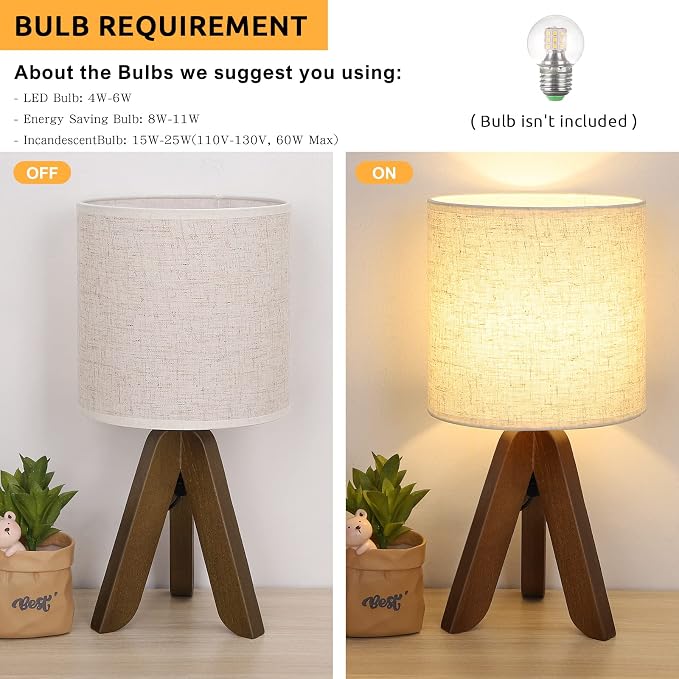 HAITRAL Wooden Tripod Table Lamp with Brown Base, Small Table Lamp,13.4Inch