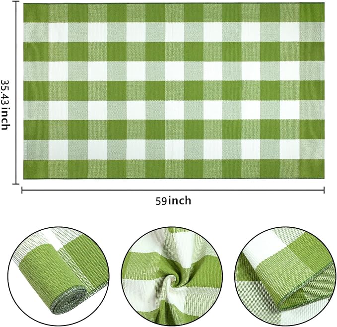 Front Porch Rug 3'x5'Checkered Green and White Outdoor Rug Farmhouse Layered Doormat Machine Washable Front Door Mat Outdoor for Hello Welcome Mat,Bedroom,Entryway,Patio