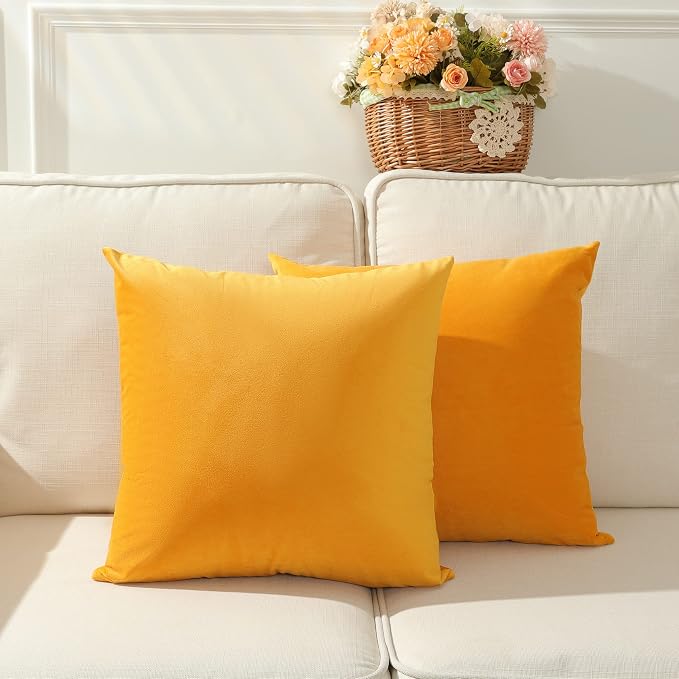 Stellhome Soft Velvet Throw Pillow Covers Square Decorative Cushion Covers for Bed Couch Sofa Bench, 18 x 18 inch (45 x 45 cm), Gold, Pack of 2