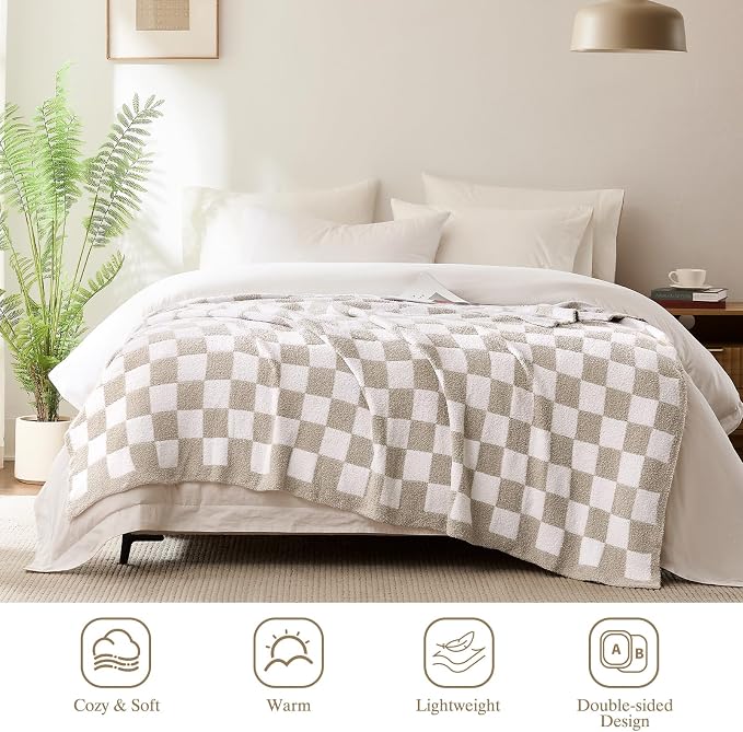 Checkered Throw Blanket for Couch, Soft Cozy Warm Knitted Blankets | Lightweight Fuzzy Travel Warm Decor for Women, Mom, Girls, Sofa, Chair, 60x80in, Taupe