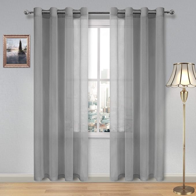 DWCN Sheer Curtains for Living Room Grey Faux Linen Look Voile Drapes Grommet Window Curtain 52 x 84 Inch Long, Set of 2 Panels