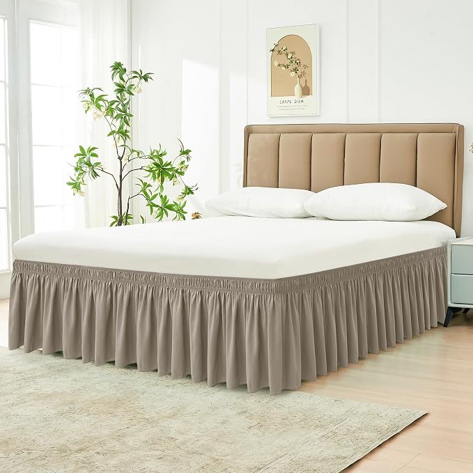 Wrap Around Bed Skirt King Size 18 Inch Drop-Elastic Dust Ruffle Taupe | Adjustable Pleated Bedskirt-Easy Fit Wrinkle Resistant Washable Hotel Quality Fabric Bed Skirting-Master Guest Bedroom Rental