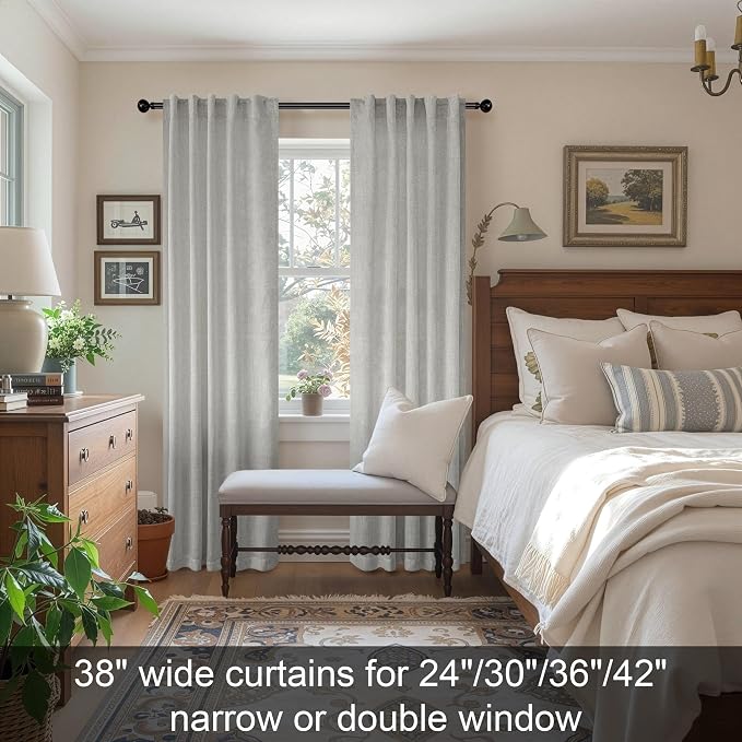 Gray Curtains 38 Inch Wide for Bedroom 2 Panel Set Back Tab Rod Pocket Semi Privacy Cotton Textured Light Filtering Linen Sheer Light Grey Curtain for Living Room Door Modern Farmhouse Decor 38W x 84L