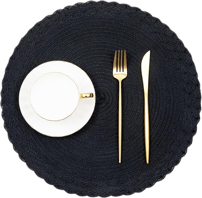 SHACOS Round Placemats Set of 4 Boho Braided Border 15 inch Circle Place Mats Washable Fabric Table Mats for Kitchen Dining Table, Black (Pack of 2)