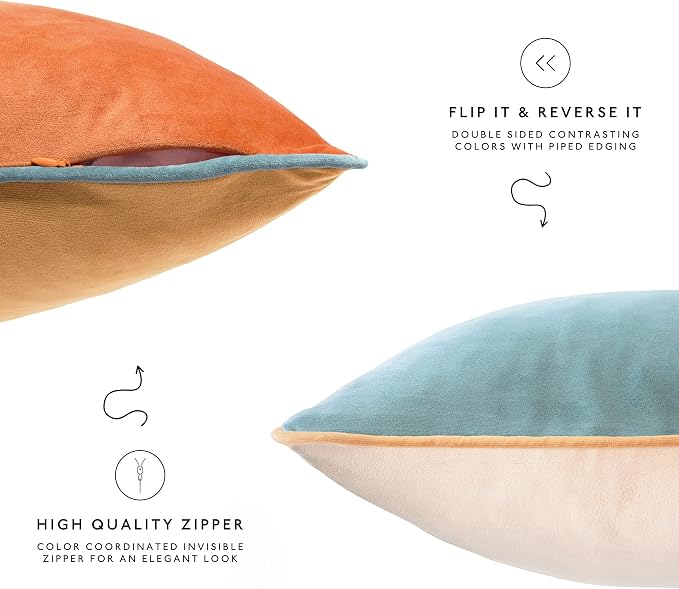MONDAY MOOSE Decorative Throw Pillow Covers Cushion Cases, Set of 2 Soft Velvet Modern Double-Sided Designs, Mix and Match for Home Decor, Pillow Inserts Not Included (18x18 inch, Orange/Teal)