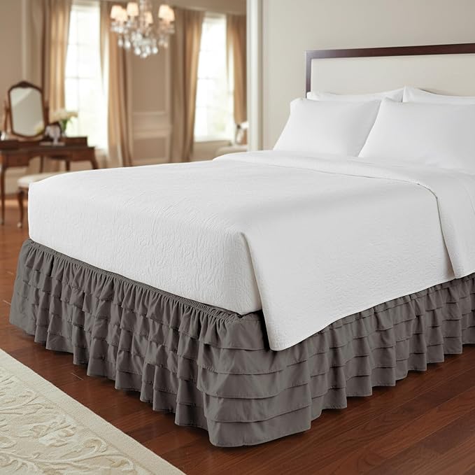 Elegant Comfort Luxurious Premium Quality 1500 Thread Count Wrinkle and Fade Resistant Egyptian Quality Microfiber Multi-Ruffle Bed Skirt - 15inch Drop, Queen, Grey