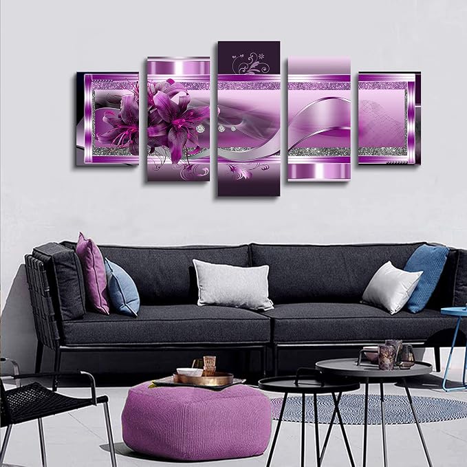 LUDUHU Purple Orchid Flowers Canvas Print - Abstract Red Floral Poster Wall Art Painting Decor for Home Decoration Artwork Picture Bedroom Purple Floral (C,Oversize 80x40inch)