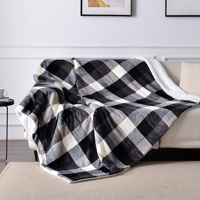 SOCHOW Buffalo Plaid Sherpa Throw Blanket, 60 x 80 inches, Black/White | Double-Sided Checkered Super Soft Luxurious Bedding Fleece Blanket