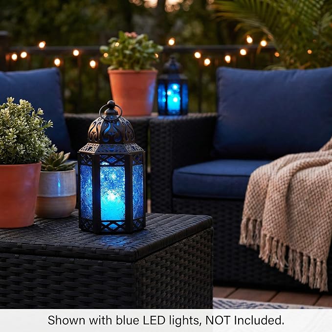 Vela Lanterns Decorative Indoor Moroccan Candle Table Centerpieces, Blue, S | Moroccan Lamp, Hurricane Glass Candle Holder, Patio Porch Decor, Arabian Nights Ramadan Centerpiece, Set of 2