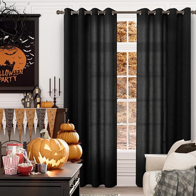YoungsTex Black Linen Semi Sheer Curtains 90 Inch Length for Living Room | Light Filtering Drapes with Bronze Grommet Privacy Halloween Decor for Dining Bedroom Window, 52 x 90 Inch, 2 Panels