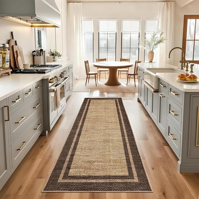 COZYLOOM 2x6 Bathroom Rug Runner Machine Washable Area Rugs for Entryway, Non Slip Stain Resistant Bordered Rug Non Shedding Low Pile Carpet Foldable Thin Soft Mats for Bedroom, Hallway, Brown