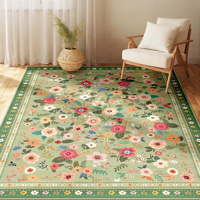 Washable Floral Area Rug for Living Room 3x5 Light Green | Non-Slip，Vacuum-Friendly, Low Pile, Flower Carpet for Bedroom Kitchen Entryway Dining Room Office Nursery