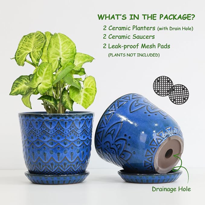 Gepege Ceramic Plant Pots, 6 Inch Indoor Planters with Drainage & Saucers | Ceramic pots for plants with drainage holes, ceramic saucers and mesh pads, ideal for flowers, herbs and succulents, set of 2