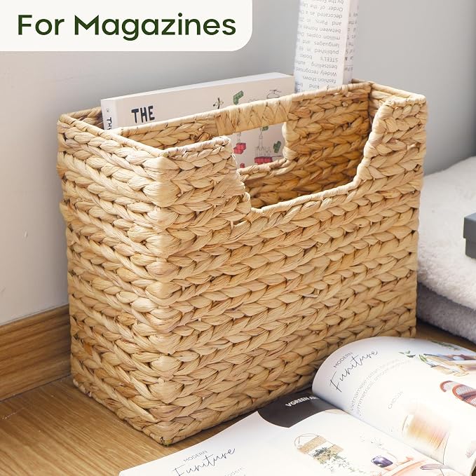 Chi An Home Wicker Magazine Basket Water Hyacinth Handwoven Magazine Holder | Decorative Handwoven Magazine Rack Floor, Organizer for Files, Books, Newspapers, Documents For Office, Living Room, Bathroom