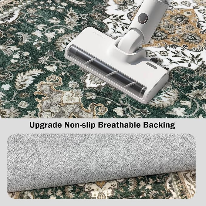 AooHHooA Boho Washable 2x6 Runner Rugs Green Non Slip Low Pile Vintage Runner Rug, Stain Resistant Soft Faux Wool Runners for Hallway Laundry Entryway Bedroom