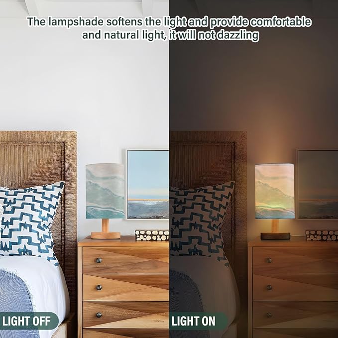 Bedside Lamp Bohemian Beach Table Lamp for Bedroom LED Nightstand Lamp Shade USB Ports Wood Base for Living Room Dorm Office