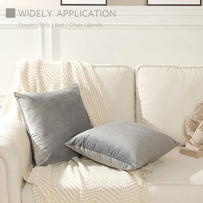 Stellhome Soft Velvet Throw Pillow Covers Square Decorative Cushion Covers for Bed Couch Sofa Bench, 18 x 18 inch (45 x 45 cm), Grey, Pack of 2