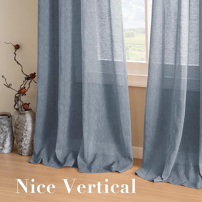 H.VERSAILTEX Linen Curtains Flax Linen Blended Curtain Panels for Living Room/Bedroom Semi Sheer Privacy Curtains 96 inch Length 2 Panels Set Nickel Grommet Window Drapes - Denim