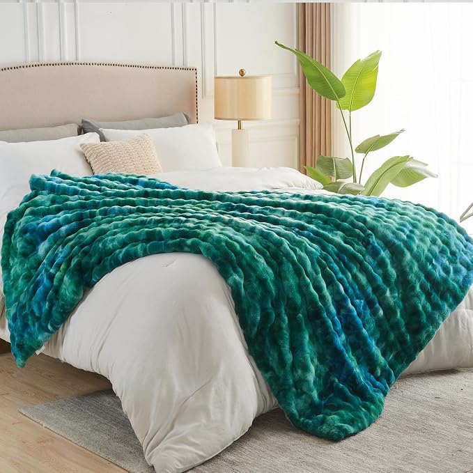 NEWCOSPLAY Faux Fur Bubble Twin Blanket for Couch, Tie-Dye Teal, 60"x80" | Fluffy Soft Thick Warm Bubble Blanket for Couch Sofa Bed 700GSM, Plush Cozy Luxury Decorative Throw, Gift for Women Men