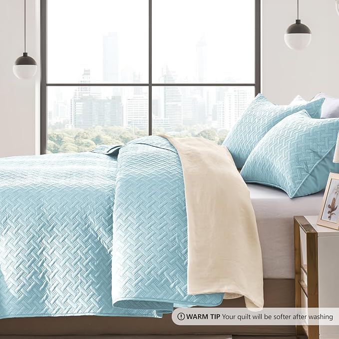 FLYMME Quilts Queen Size, Lightweight Sky Blue Bedspreads, Basket Weave Pattern,Ultra Soft Microfiber Bed Coverlet 3 Pieces for All-Season (1 Quilt, 2 Shams)