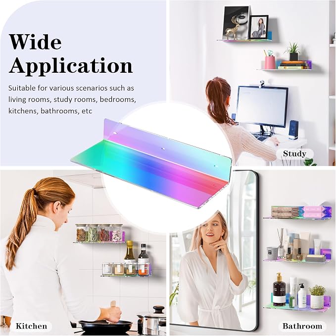 Sezanrpt 2 Pack Iridescent Acrylic Floating Shelves 15 Inches, Wall Hanging Bathroom Shelves, Wall Storage Shelf for Kitchen, Dining Room, Living Room, Bedroom, Bathroom, Retail, Supermarket