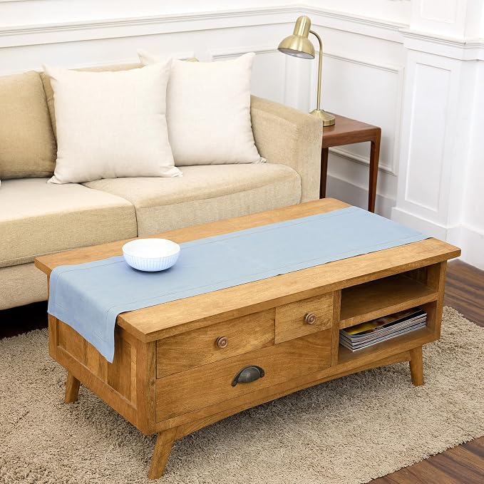Solino Home 100% Pure Linen Table Runner Blue, Classic Hemstitch 14 x 48 in | dresses up dining tables for everyday meals, hemstitched border, mitered corners, machine washable, soft, OEKO-TEX Certified