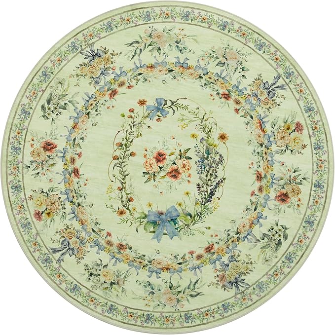 Joydeco Boho Bow Floral Machine Washable Round Rugs 5ft, Beige Flower Circle Girls Bedroom Nursery Area Rug Non Slip, Circular Indoor Carpet for Kids Playroom Living Dining Room Classroom, Beige