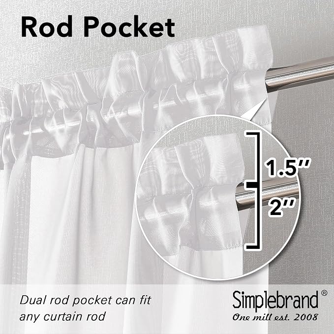 Simplebrand Rod Pocket Top Solid Voile Sheer Curtains for Bedroom, 54 Inch Length Drapes Set of 2, Lightweight and Light Filtering Elegant White Curtains Panels Window Treatment, 42W×54L, White