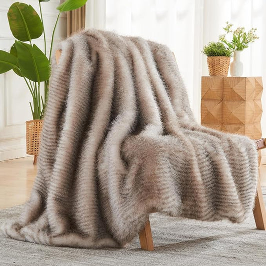 NEWCOSPLAY Faux Fur Thick Throw Blanket for Couch,Stripe Light Grey,50"x60" | Luxury Fluffy Thick Warm Blanket for Couch Sofa Bed 1000GSM, Soft Plush Cozy Decorative Throw, Gift for Women Men