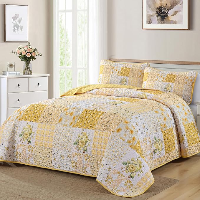 Mybedsoul Yellow Boho Quilt King Size, Patchwork Floral Bedding Set | Soft Lightweight Microfiber Reversible Coverlet Set, 3 Pieces Plaid Bedspread, Bed Sets for All Seasons 90"x110"