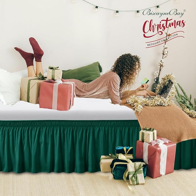 Wrap Around Queen Size Bed Skirt 15" Drop-Elastic Dust Ruffle Hunter Green | Adjustable Pleated Bedskirt-Easy Fit Wrinkle Resistant Washable Hotel Quality Fabric Bed Skirting-Master Guest Bedroom Rental