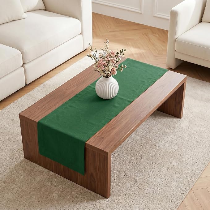 Solino Home 100% Pure Linen Table Runner Pine Green Woven, Fete 14 x 48 in | styles dining tables for meals and celebrations, European flax fibres, betters with age, Pine Green, soft, OEKO-TEX Certified
