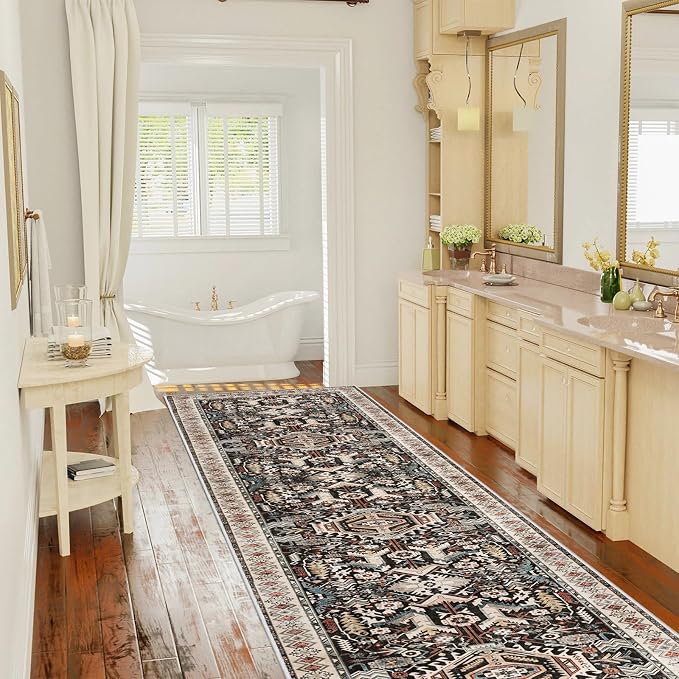 Washable Kitchen Runner Rug 2'6''x12' - Non-Slip Hallway Entryway Rugs with Rubber Backing Soft Thin Carpet for Bathroom Vintage Stain Resistant Indoor Home Decor Mat for Bedroom (Black, 2'6'' x 12')
