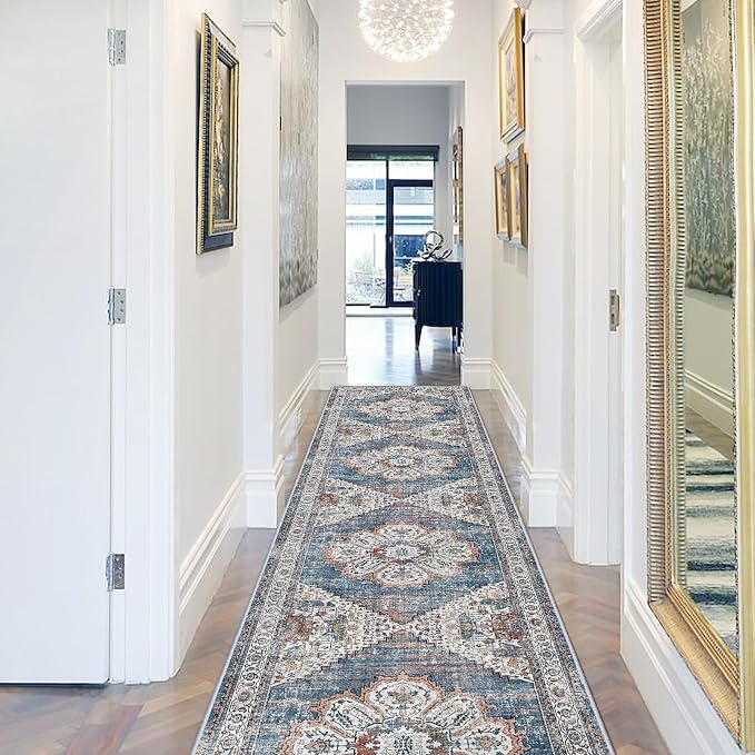 Washable Kitchen Runner Rug 2'6''x12' - Non-Slip Hallway Entryway Rugs with Rubber Backing Soft Thin Carpet for Bathroom Vintage Stain Resistant Indoor Home Decor Mat for Bedroom (Blue, 2'6'' x 12')