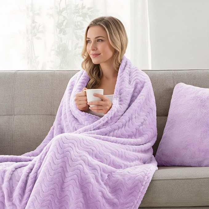 Exclusivo Mezcla Soft Fleece Blanket Queen Size for Bed, Sofa, Lilac Purple | 90"x90" Breathable Lightweight Flannel Blanket for Summer, Plush Cozy Jacquard Wave for Home Decor