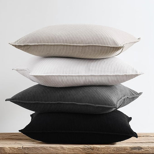 Pack of 4 Throw Pillow Covers Corduroy 16x16 Inch,Grey Black | Decorative Velvet Couch,Summer Cases Square,Farmhouse Boho Cushion Covers for Sofa Bed Living Room Home Decor & Office