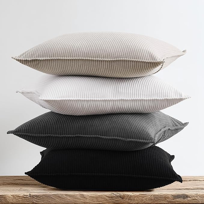 Pack of 4 Throw Pillow Covers Corduroy 20x20 Inch,Grey Black | Decorative Velvet Couch,Summer Cases Square,Farmhouse Boho Cushion Covers for Sofa Bed Living Room Home Decor & Office