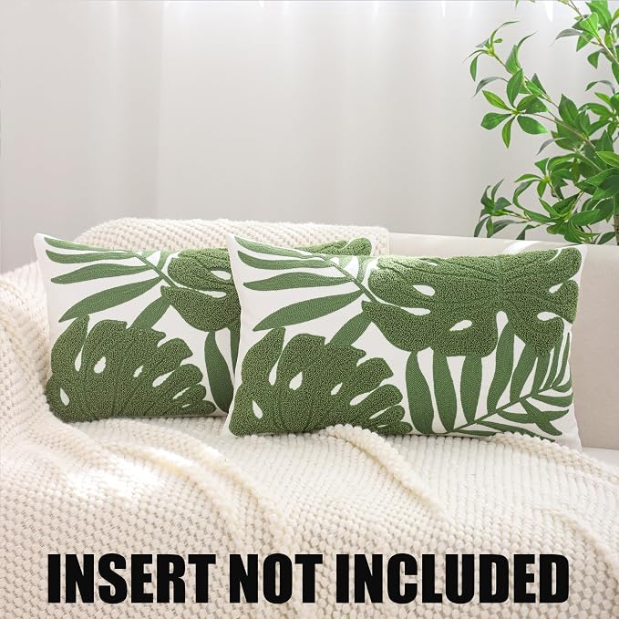 Embroidered Throw Pillow Covers 12x20 Set of 2 Green Botanical Leaf