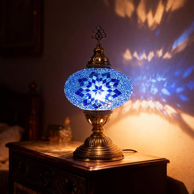 Turkish Lamp, Mosaic Table Lamp, Antique Moroccan Decorative Glass Bohemian Vintage Lamp Shade, Small Desk Tiffany Bedside Stained Glass Lamp with US Plug and E12 Socket